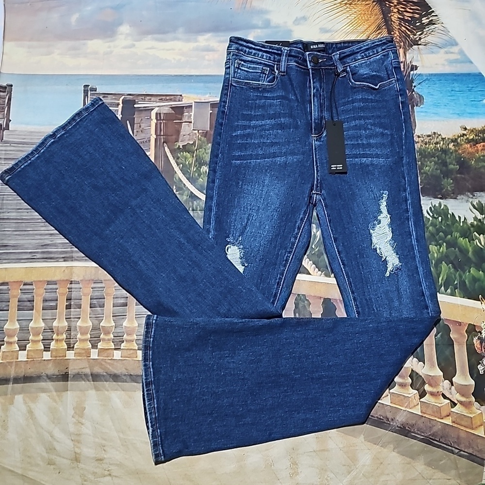 Nina Rossi Distressed Super High‎ Rise Flare Jeans Size 9 NWT